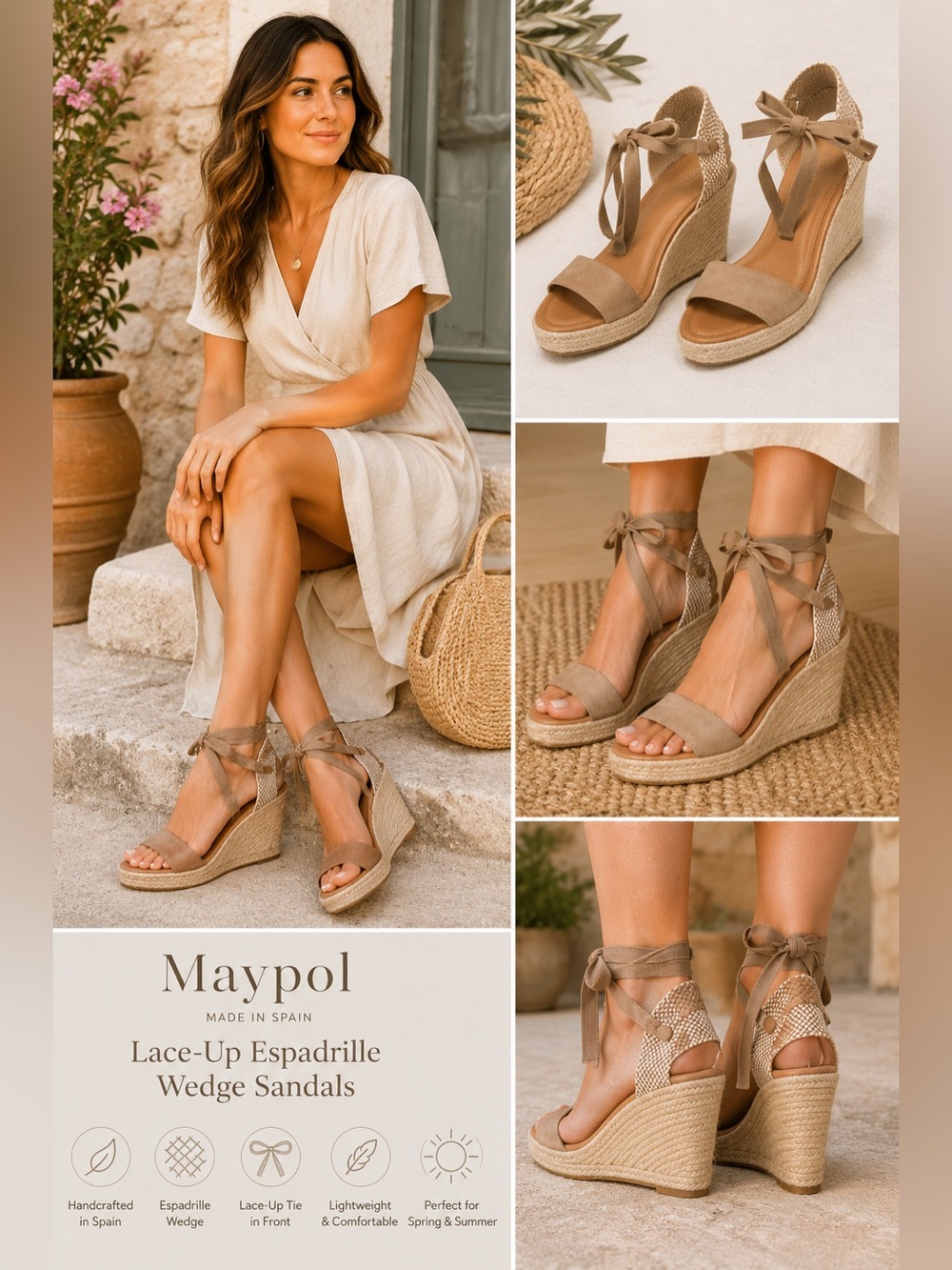 Maypol Spain Lace Up Espadrille Wedge Sandals Taupe EU 41 Boho Summer